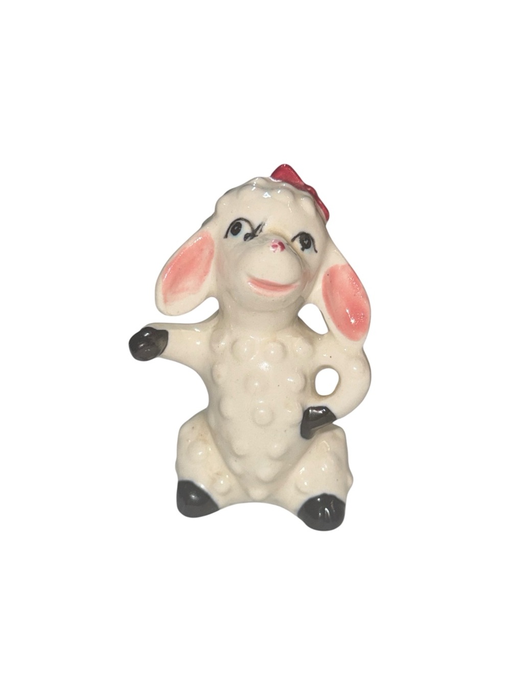 Vintage Japan Anthropomorphic Lamb Sheep Figurine Red Bow Cute Ceramic Animal